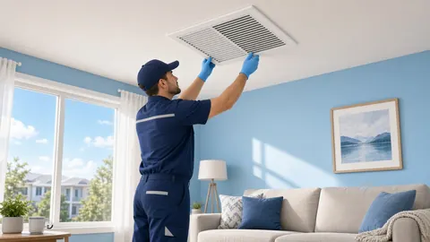 Technician in a navy uniform removing a ceiling air vent cover to clean the air ducts in a bright Florida living room