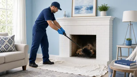 Chimney sweep technician brushing the inside of a white brick fireplace, with a drop cloth protecting the floor