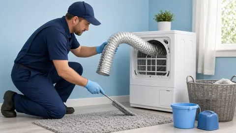 Technician in a navy uniform kneeling beside a clothes dryer, cleaning lint out of the flexible dryer vent duct