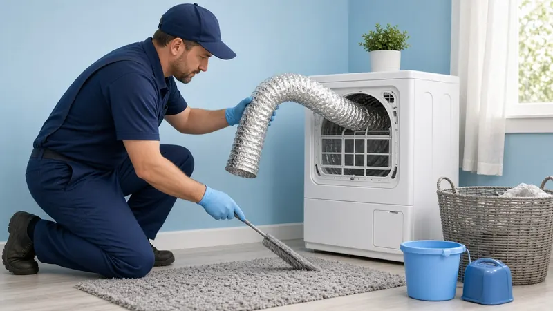 Technician in a navy uniform kneeling beside a clothes dryer, cleaning lint out of the flexible dryer vent duct